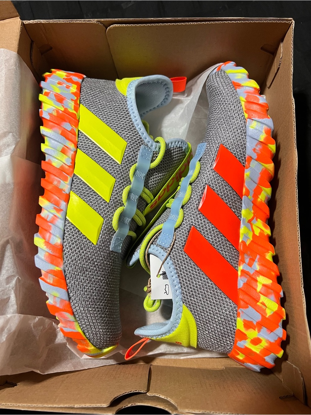 adidas Kids Gray Sneakers with Neon Yellow and Bright Orange Accents